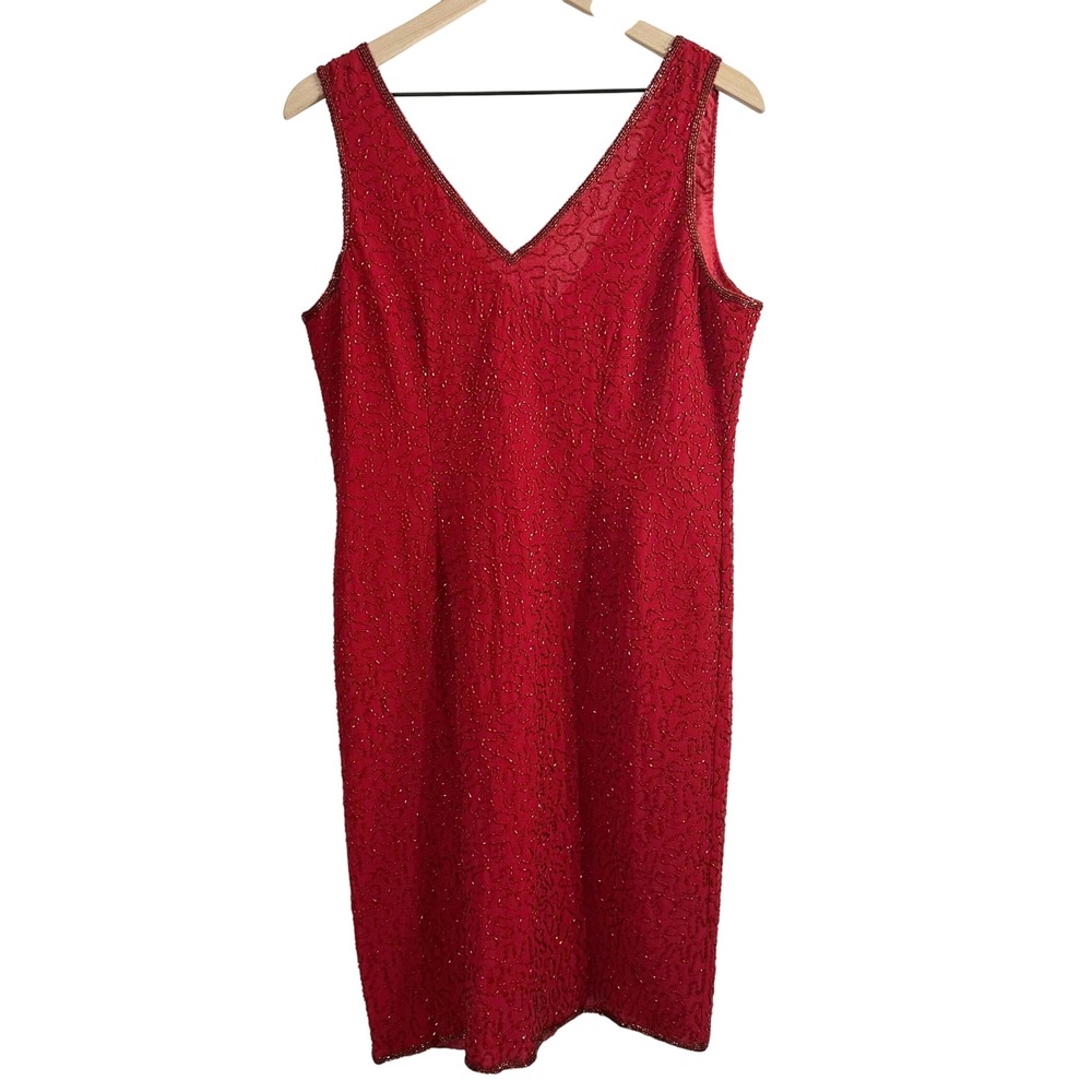 J Kara Sleeveless Sequin All Over V Neck Evening Midi Dress Red Large Classic